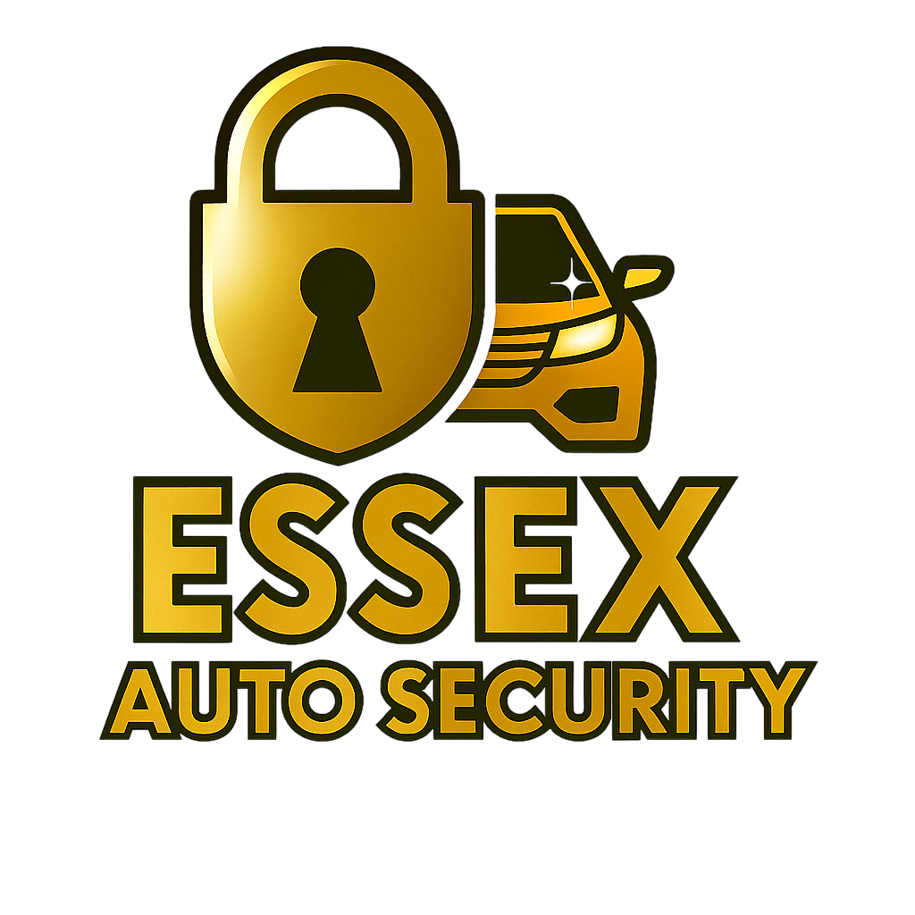 Essex Auto Security logo – gold padlock and Range Rover icon with bold text, representing premium car tracker and immobiliser services in the UK